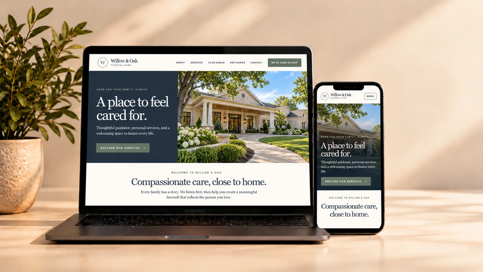 Custom funeral home website shown on a laptop and iPhone