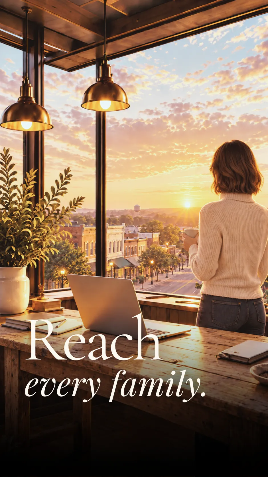 Woman with morning coffee at a rustic farm table overlooking a small-town Texas main street at sunrise, representing Reach engagement marketing for funeral homes