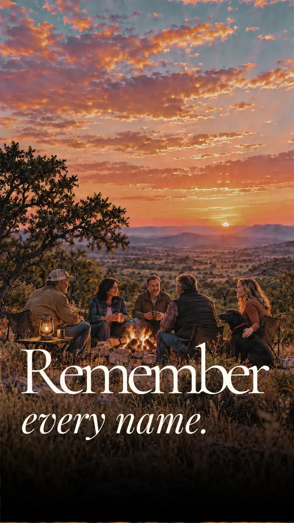 Five friends and a black Labrador sharing a Texas campfire at sunset, representing My Local Obits hometown obituaries
